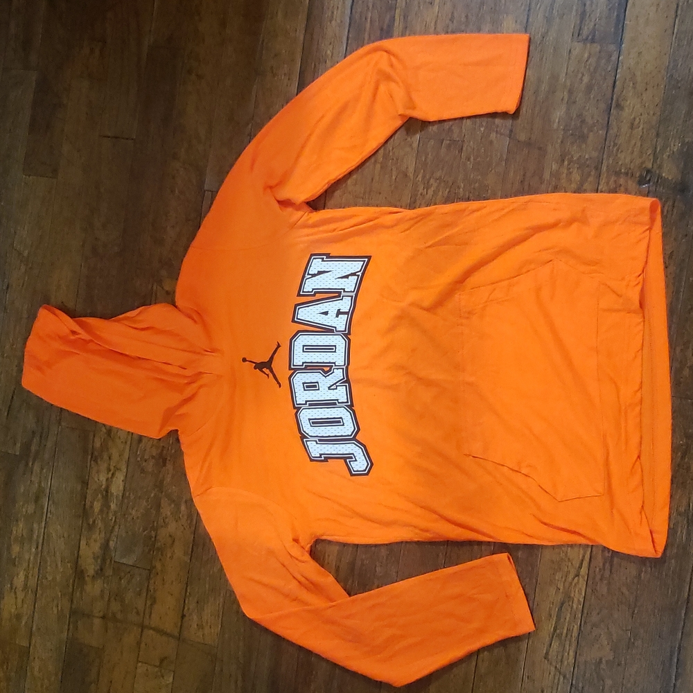 Yth Large orange t-shirt style hooded long sleeved shirt with front pouch